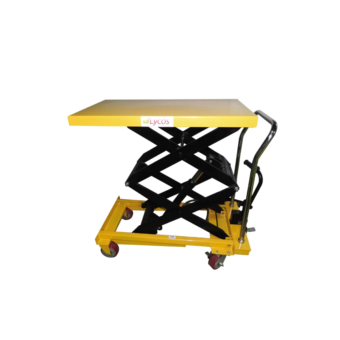 Mesa elevatória manual PTS500 de tesoura dupla, com tampo Lycos amarelo