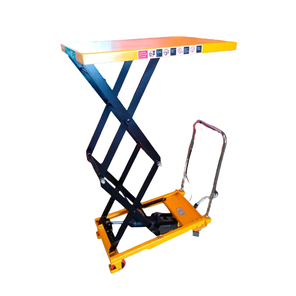 Mesa elevatória manual PTS150 de tesoura dupla, com tampo amarelo elevado
